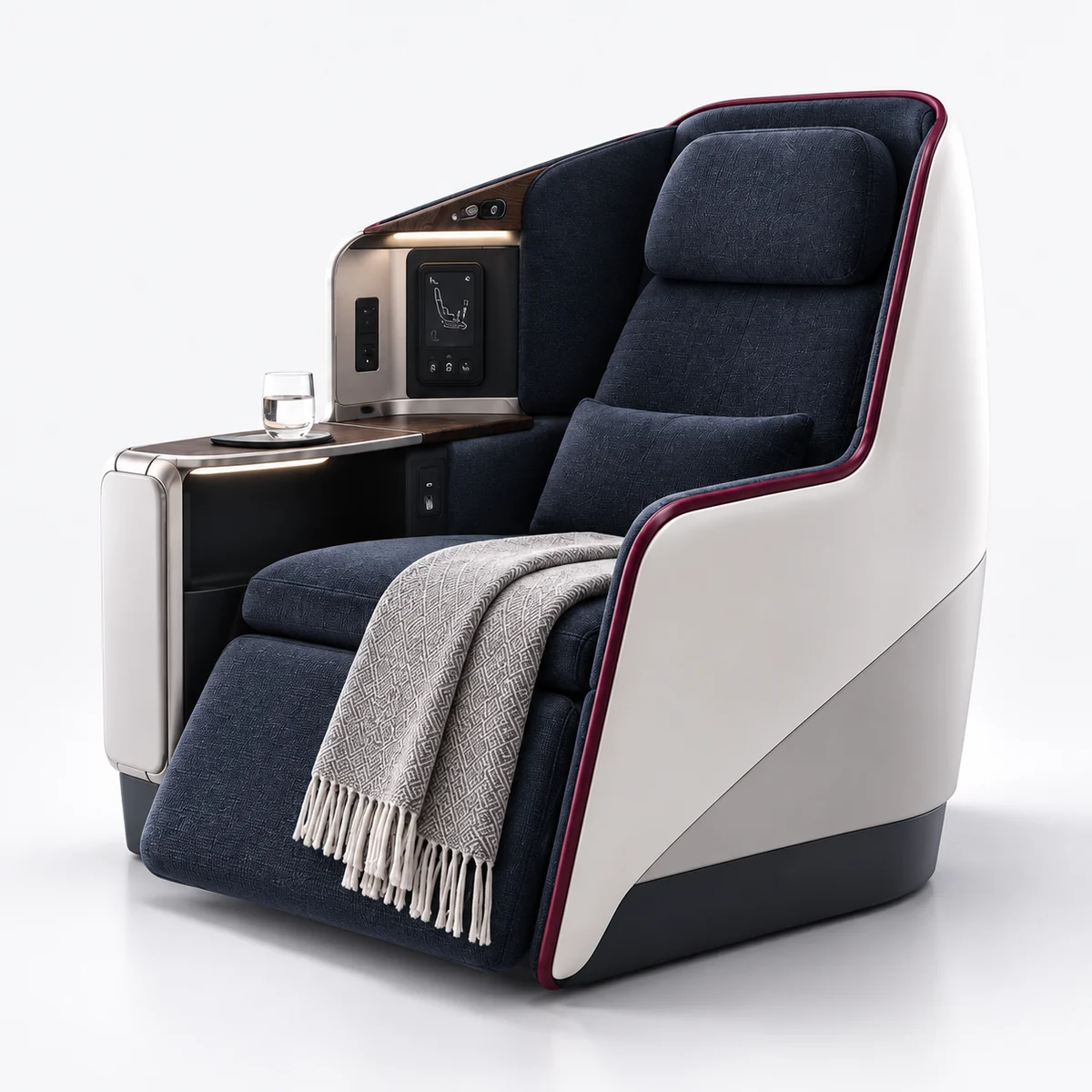 An illustrative business-class seat with an extended leg rest and blanket.
