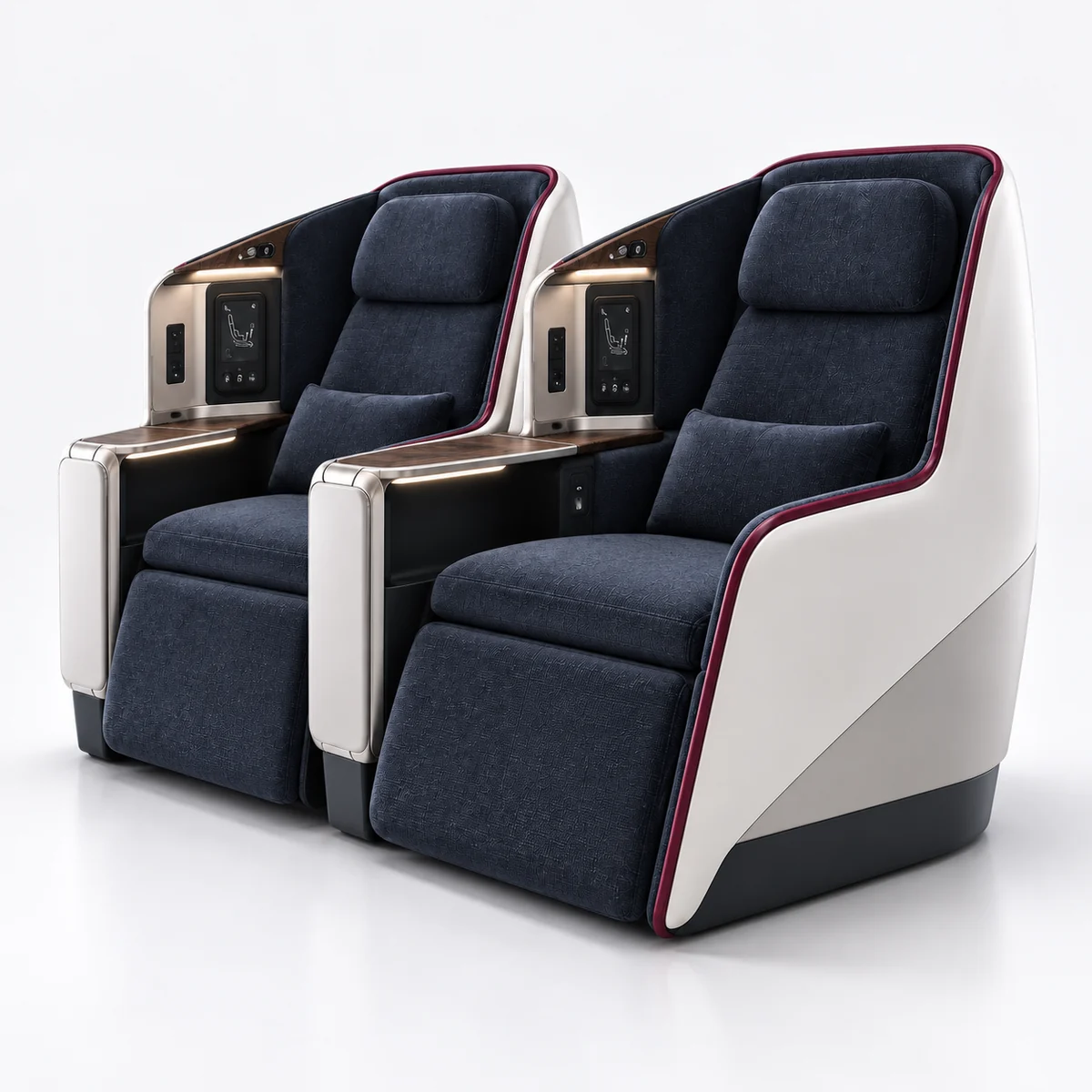 Illustrative neighboring premium seats beside an aircraft window