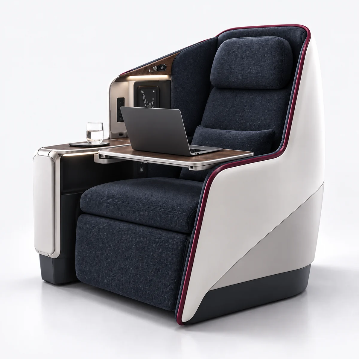 Illustrative premium cabin with a personal seat and work surface